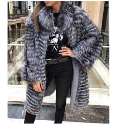 Women's Striped Real Silver Fox Fur Coat, Long Cardigen with Wool Lining, Big Size Clothes, Elegant Outwear, Spring, Lux18A09164