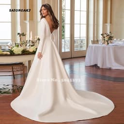 Customized Elegant Simple Ivory Satin Wedding Dress for Women V-Neck Long Sleeve Backless A-Line Bridal Gowns Vestidos De Novia
