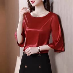 2026 Spring and Autumn New All-match O-neck Three-quarter Flared Sleeve Acetate Satin Blouse tops Basic Simple Ice Silk Shirts
