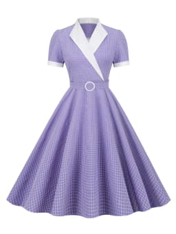 Tonval Lavender Contrast Collar and Cuff Plaid Rockabilly Vintage Style High Waist Women Summer Elegant Formal Swing Dresses