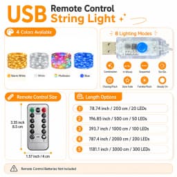 USB Fairy Lights Remote Control Copper Wire String Light 8 Modes Twinkle Flash Steady for Bedroom Wedding Festival Decor