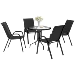 Outsunny 5 Pieces Garden Table and Chairs, 4 Seater Garden Furniture Set with High Back Stackable Chairs and Glass Top Table