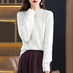 Autumn Winter 100% Merino Wool Women's Round neck Sweater Casual Diamond Hollow Knitwear Pullover New Embroidered Sweater Tops