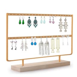 2-Tier 46-Hole Earring Display Holder Metal Wood Stand Jewelry Storage Organizer Ear Stud Rack Gift for Women