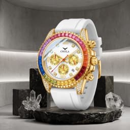 ONOLA Men's Quartz Watch, Multifunctional Dial, Colorful Square Rhinestone Bezel, Date Display, Ideal For Parties & Daily Outing
