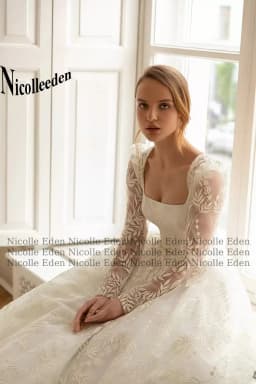 Nicolle Romantic Fancy Wedding Dresses Square Collars Long Sleeves Floral Print Lace up Corset Robe de Mariée Drop Shipping
