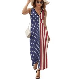 American Flag Dress Patriotic Flag Star Design Boho Beach Long Dresses V Neck Print Maxi Dress Korean Fashion Clothes Oversize