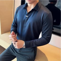 High Elastic V-neck Non-marking POLO Shirt 2024 Autumn New Long sleeved Casual Business Solid Color T-shirt Men's Clothing