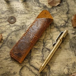 Genuine Leather Pencil Bag with Flower Embossed Leather Boy's and Girl's School Students Pen Holder Simple Retro Pencil Bag