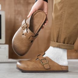 Unisex Cork Closed Toe Slippers Slip-on Clogs Slides Fashion Leather Sandals with Adjustable Buckle Backless Comfort Footbed