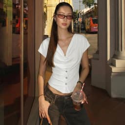Tuularose Women Summer Top Fashion Button-Front Patchwork V-Neck Pleated Fitted Top New Casual High-Street Party Female T-Shirts