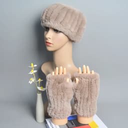 One Set Women Real Rex Rabbit Fur Cuff+Headband Winter Warmer Hat Arm Wrist Sleeve Gloves Female Real Fur Cap+Elastic Wristband