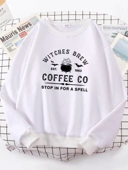 Witches Brew Coffee Letter Printing Simple Autumn Womens Sweatshirts Casual Fleece Long Sleeves Warm All-Match Woman Pullover