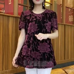 New Floral Bright silk Gauze pullovers Summer Vintage Casual Loose Round neck All-match short Sleeve T-shirt Female clothing