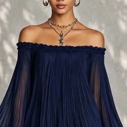 Vintage Solid Off Shoulder Mini Dress Pleated Sheer Flared Long Sleeve Ruffle Trim Loose Flowy Dress Summer Travel Party Dresses