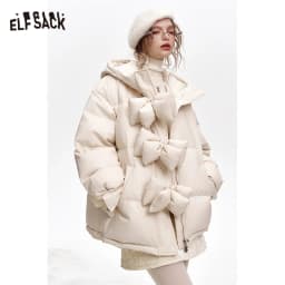 ELFSACK Women's Winter Short down Jacket Hooded Bow Button Detail New Arrival Fashion Outerwear