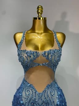 Sparkly Blue Rhinestone Tassel Mesh See Through Dress Pole Dancer Singer Outfit Women Sexy Evening Party Club Stage Costume