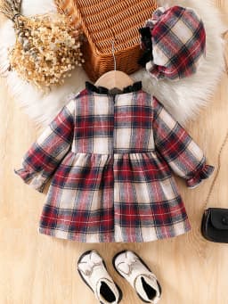 Fashion Plaid Patchwork Lace Collar Bow Tie Back Invisible Zipper Long Sleeve Dress for Baby Girl (Including Hat) Autumn