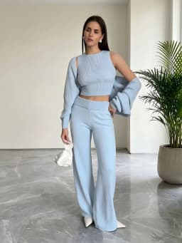 Wolfeel Women's Knitted Three Piece Ribbed Sleeveless Crop Top Long Sleeved and Long Pants Set Suitable for Casual Daily Wear