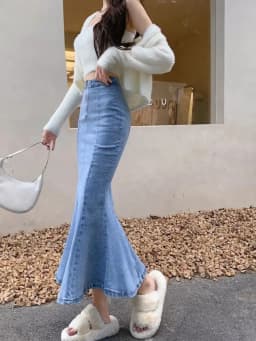 2026 Solid Slimming High Waist Midi A- Line Skirt Woman Trumpet Sides for Women Denim Half-length Skirt with Flounce