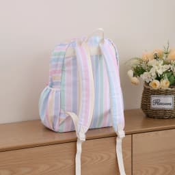 Rainbow Striped Backpack Light Colored Schoolbag With Adjustable Shoulder Straps And Pink Pleated Lace Design Fashion
