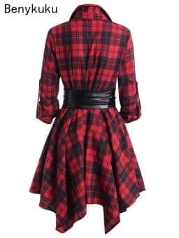 Women Red Plaid Belted Roll Tab Sleeve Handkerchief Dress Grunge Gothic Casual Dresses Vestidos Button Up Long Sleeve Streetwear