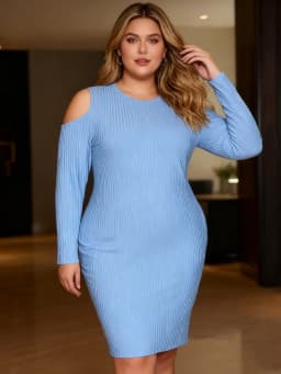 New Plus Size Round Neck Off-Shoulder Long Sleeve Bodycon Dress Autumn Winter Knitted Warm Sky Blue Elegant Party Evening Dress