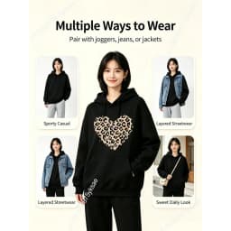 Trendy Oversized Pullover Hoodie Halloween Leopard Heart Print Autumn Winter Street Wear Daily Lounge Wear Fashion Sweatshirt