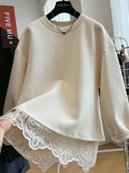Lace Splicing Fake Two-piece Pullover Round Neck Sweatshirt for Women Autumn Winter Versatile Top Jacket