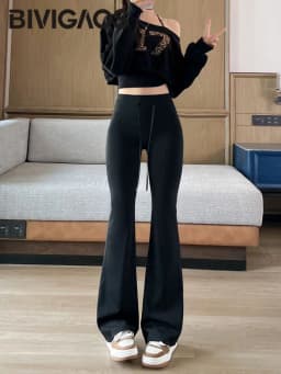 BIVIGAOS Autumn New Drawstring High Waist Micro Flared Leggings Women Slim Fit Elastic Fashionable Casual Sports Flared Pants