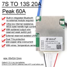 JBD Bluetooth 7S to 14S 13S Lithium Battery Protection Board Smart BMS Balance 24V 36V 48V 52V Li-ion Lipo 8S 12S LifePo4 30A