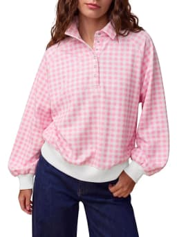 2026 Women Black White Gingham Blouse Lapel Collar Half Button Lantern Long Sleeve Loose Casual Plaid Shirt Tops