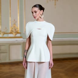 Elegant Two Piece Bridal Gown Cape Collar Hollow Peplum Bodice Sheer Chiffon Floor Skirt White Wedding Party Dress Custom Sizes