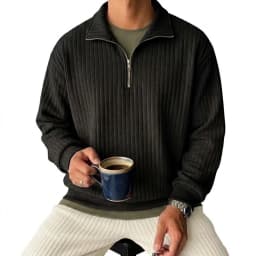 Men's Half Zip Striped Sweatshirt Casual Lapel Ribbed Polo Collar Pullover Tops Long Sleeve Knit Hooded for Man Lapel Coats