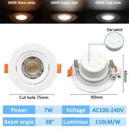 10pcs CCT Spot Downlight Recessed LED Ceiling Light 3 Color Adjusted AC100-240V Dial Swich 3000K/4000K/6500K Indoor Lighting