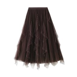 Women's Lotus Leaf Edge A Line Fairy Elastic Waist Tulle Skirt Midi High Waist Mesh Dress Solid Color Irregular Yarn Skirt D8808