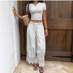 Women's Y2K Loose Fit Bloomers Cropped Pants Drawstring High Waist Floral Lace Patchwork Calf-Length Lantern Trousers