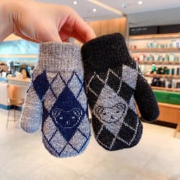 Kids Winter Knit Mittens Fleece Warm Argyle Plaid Simple Bear Jacquard Stretchy Rib Cuff Cold‑proof Vintage Style Gloves 2026