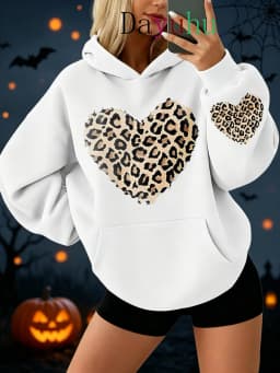 Trendy Oversized Pullover Hoodie Halloween Leopard Heart Print Autumn Winter Street Wear Daily Lounge Wear Fashion Sweatshirt