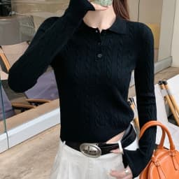 Women Polo Collar Knit Sweater Button-Front Strechy Cable-Knit Long Sleeve Crop Top Plain Jumper Fitted Pullover Tennis Core Y2K