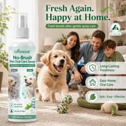 No-Brush Pet Dental Spray for Fresh Breath, Alcohol-Free Plant-Based Formula, Safe Daily Oral Care.