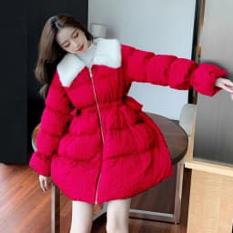 Korean Sweet Mid-Length Padded Coat for Women Winter Doll Collar Waist-Cinching Puffer Parkas Woman A Line Fluffy Quilted Jacket