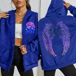 Cool Purple Creative Wings Rose Print Women Zipper Hoody Fashion Loose Sportswear Casual Fleece Hoodie Autumn Hip Hop Tracksuit