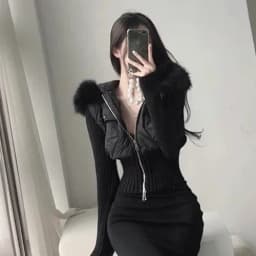 Chic Knitted Patchwork Double Zipper Short Jacket Women's Small Size Waist Cinching Slimming Faux Fur Collar Cotton Coat Trendy