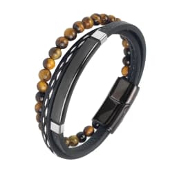 MingAo Charm Men Jewelry Natural Stone Multi-Layer Leather bracelet Black Stainless Steel Magnetic Clasp Tiger eye Bead Bracelet
