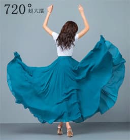 Women Double Chiffon Skirt Have-Liner Stage Performance Big-Hem Skirts Square Dancing Elastic-Waist Elegant A-Line Maxi Skirts