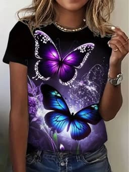 2026 New Summer Women's Round Neck 3D Printed T-Shirt Butterfly Graphics Fashion Short Sleeve Top Streetwear Tees Women Clothing