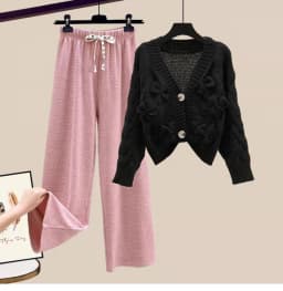 Two Piece Set For Women New In Sweater Matching Sets Korean Sweet Bow Outfit Long Sleeve Cardigan Knitwear Wide Leg Pants Set