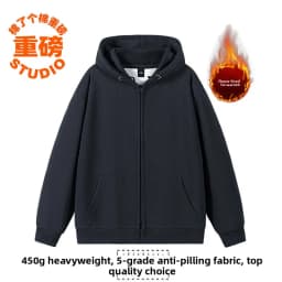 Pure Cotton Fleece Lined Hoodie Jacket Deep Blue Zipper Closure Sweatshirt Outerwear for Men And Women Autumn Winter Casual Wear