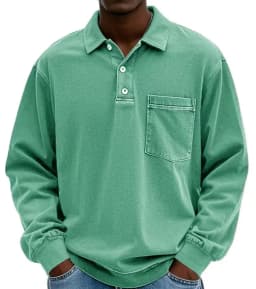 American Style Retro Old Dark Grey Long Sleeve Polo Shirt Loose Lapel Pocket Design Casual All-match Heavy Top for Men